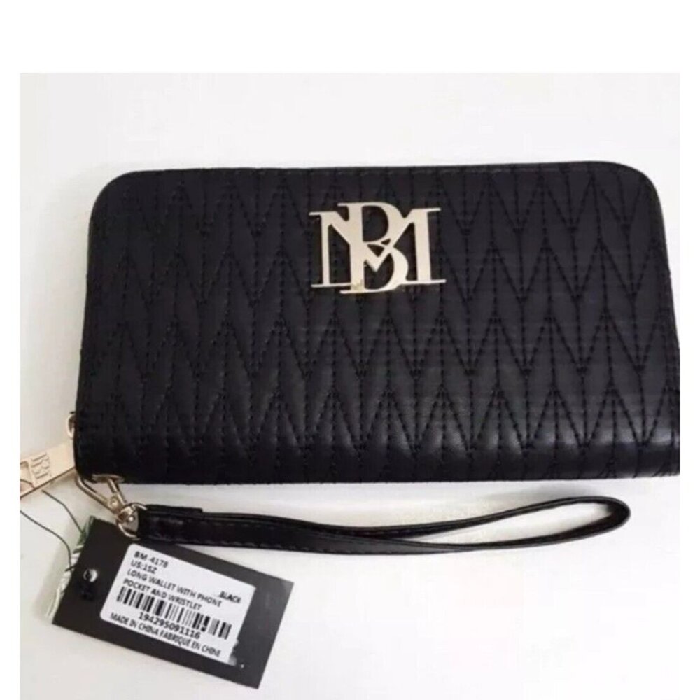 Badgley‎ Mischka Wristlet Black Quilted Vegan Leather Wallet W/ Phone Pocket